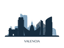 Valencia Skyline, Monochrome Silhouette. Vector Illustration.