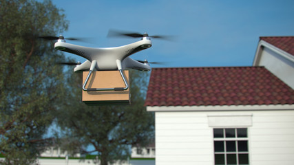 Drone Quadrocopter delivers a package on cityscape background. Autonomous drone delivery. 3D illustration