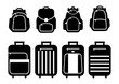 Set of suitcases silhouettes and backpack iconsSchool backpacks. Travel suitcases on wheels. Vector illustration.