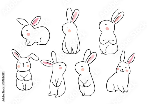 Draw vector illustration set character design of cute rabbit Doodle