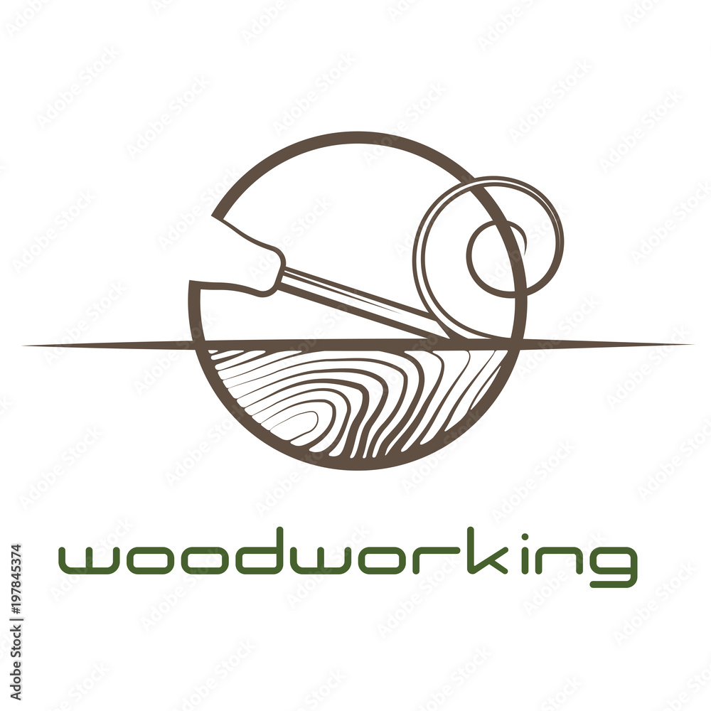 an illustration consisting of an image of a chisel plowing a tree and the inscription "woodworking" - obrazy, fototapety, plakaty 
