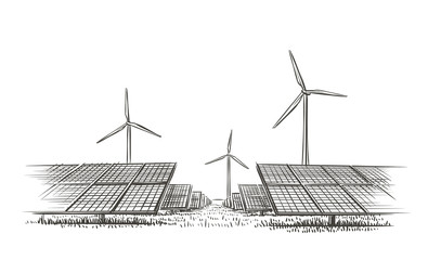 alternative sources of energy (wind, solar) hand drawn sketch. vector.