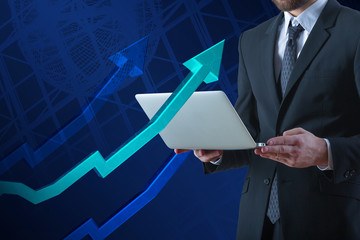 Poster - Businessman using laptop with arrow