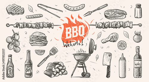 Fotografía Barbeque related things hand drawn illustration. Vector.