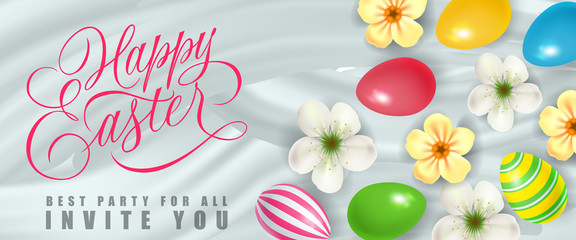 Wall Mural - Happy Easter, best party for all festive invitation design with colored eggs and flowers. Calligraphic inscription can be used for greeting cards, postcards, banners.