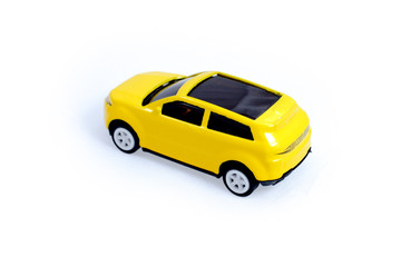 Toy car sedan suv yellow car for kid children on white background  