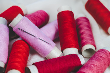 Wall Mural - Spools of pink and red threads and sewing needle on white cotton cloth