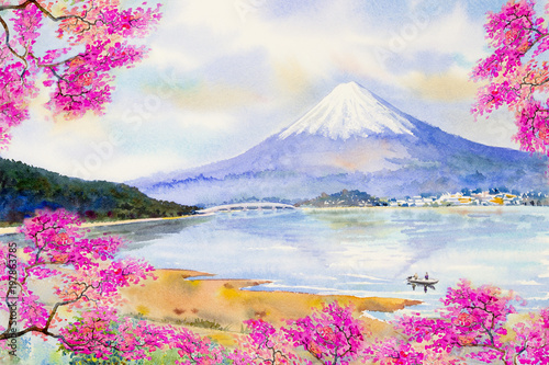 Foto Mount Fuji and sakura cherry blossom at Lake.