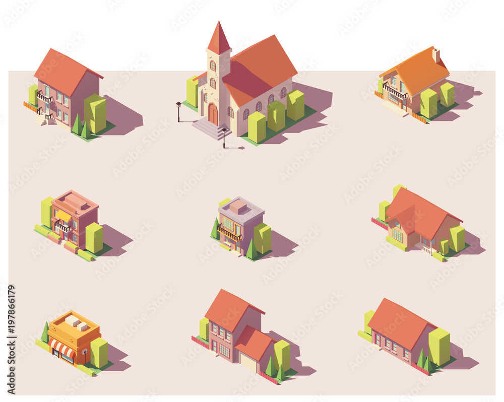 Vector low poly isometric buildings set Stock Vector | Adobe Stock