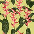 Beautiful seamless floral summer pattern background with , palm leaves and tropical flowers of heliconia. Perfect for wallpapers, web page backgrounds, textile.