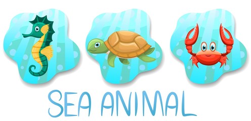  Set of underwater animals.Seahorse,turtle and crab on blue water background. Sea and ocean fauna. Vector illustration