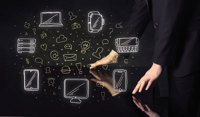 Poster - Man pressing table tablet hand touch interface with media icons and symbols