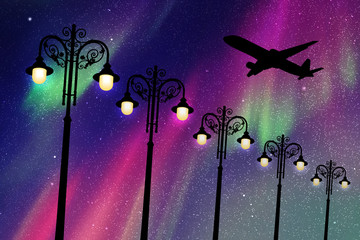 Sticker - flying aircraft and vintage lampposts at night. vector illustration with silhouette of passenger air