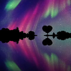 Canvas Print - Romantic landscape at night. Vector illustration with silhouette of tree in shape of heart. Northern lights in starry sky