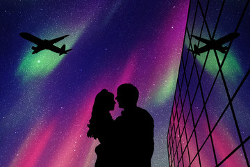 Sticker - Lovers in Aeroport at night. Vector illustration with silhouette of loving couple and flying aircraft. Northern lights in starry sky.