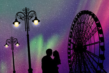 Sticker - Lovers in amusement park at night. Vector illustration with silhouette of loving couple, vintage lampposts and Ferris wheel. Northern lights in starry sky