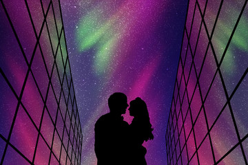 Sticker - Lovers between glass buildings at night. Vector illustration with silhouette of loving couple. Northern lights in starry sky