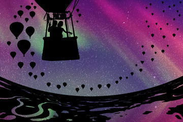 Sticker - Lovers in balloon at night. Vector illustration with silhouette of loving couple. Landscape with hot air balloons. Northern lights in starry sky