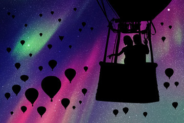 Sticker - Lovers in balloon at night. Vector illustration with silhouette of loving couple. Landscape with hot air balloons. Northern lights in starry sky