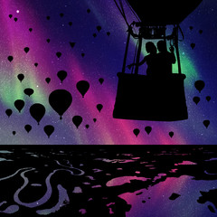 Sticker - Lovers in balloon at night. Vector illustration with silhouette of loving couple. Landscape with hot air balloons. Northern lights in starry sky