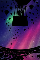 Sticker - lovers in balloon at night. vector illustration with silhouette of loving couple. landscape with hot