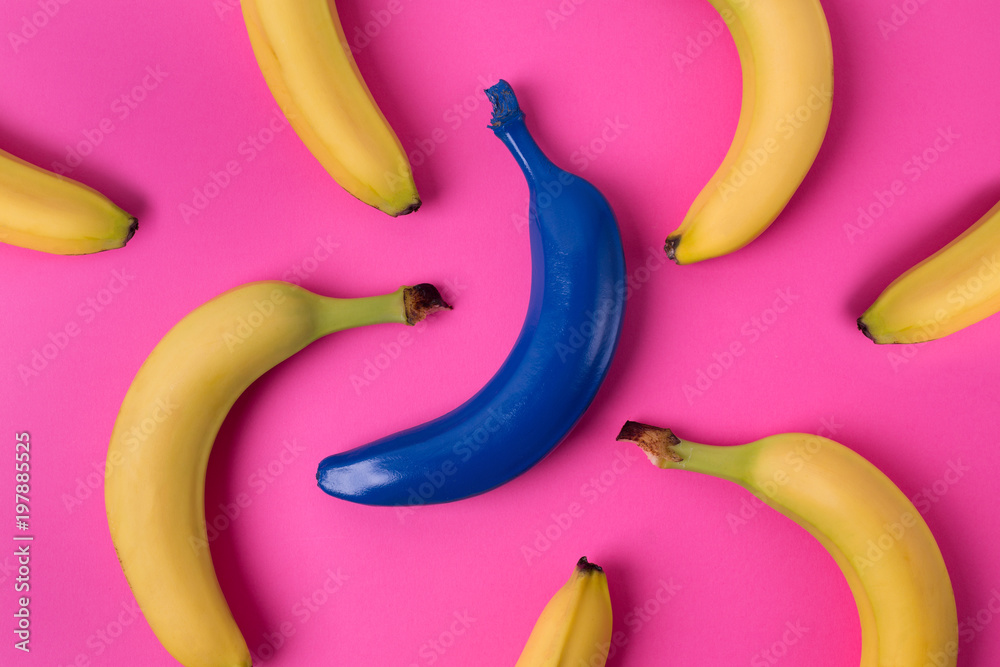 Top view of fresh yellow and blue bananas isolated on pink background. - obrazy, fototapety, plakaty 