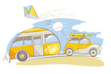 Summer Travel In A House On Wheels / Yellow Retro Car With Surfboards On Beach, Vector Illustration
