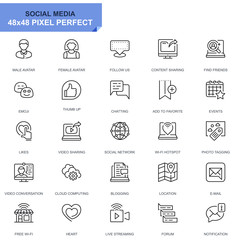 Poster - Simple Set Social Media and Network Line Icons for Website and Mobile Apps. Contains such Icons as Avatar, Emoji, Chating, Likes. 48x48 Pixel Perfect. Editable Stroke. Vector illustration.