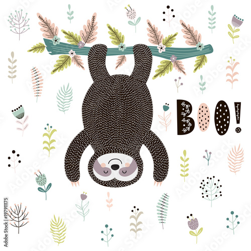 Fotografia, Obraz Boo! Cute print with a sloth hanging from the tree