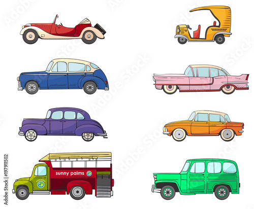Collection with retro car in cartoon style. Color vintage retro auto. Classic...