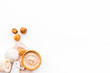 © 9dreamstudio - Homemade spa with organic scrub and walnut on white background top view space for text