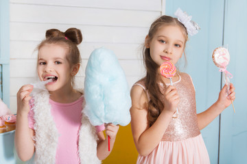 Two funny girls with cotton candy posing on a children's holiday