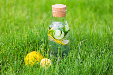 Wall Mural - healthy eating, drinks, diet. Detox drink from lemon and mint with cucumber on a background of green grass