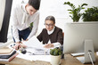 © shurkin_son - Deadline in architecture work. Worried young male architect standing at office desk watching his serious female boss revising project documentation. Two engineers discussing drawings in office