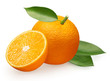 Whole fresh orange fruit with half and green leaves