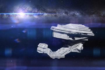 Wall Mural - futuristic spaceship travelling in deep space, detailed spacecraft flying in front of the milky way 