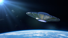 UFO, Alien Spaceship In Orbit Of Planet Earth, Extraterrestrial Visitors From Outer Space In Flying Saucer 