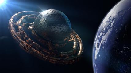 Wall Mural - ufo, alien spaceship in orbit of planet earth, extraterrestrial visitors in flying saucer