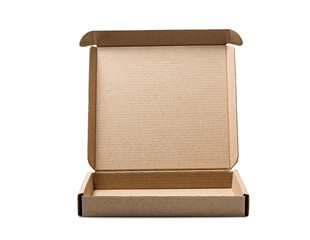 Opened kraft cardboard box on isolated white background. Parcel with empty space for your text. Pattern for delivery or post service.