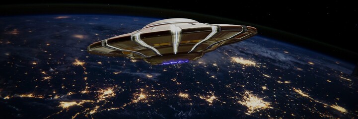 Wall Mural - ufo, alien spaceship with in night sky with city night lights of planet earth