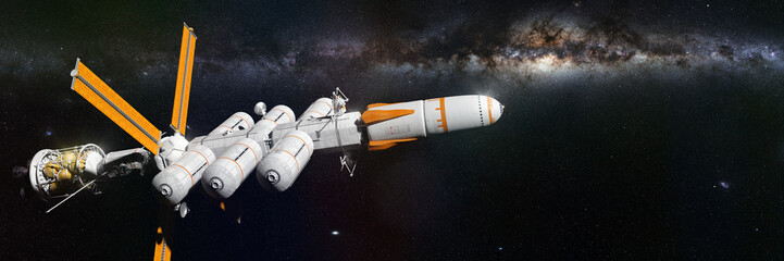 Wall Mural - spaceship mission in deep space lit by the beautiful milky way galaxy (3d science fiction illustrati