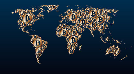 Poster - world map of golden bitcoins, mining, growth rate, distribution