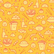 Fun seamless pattern with line icons of Chinese cuisine.Includes fast food take away boxes, noodles, dim sum, ramen and dumplings. Kawaii line art icons.