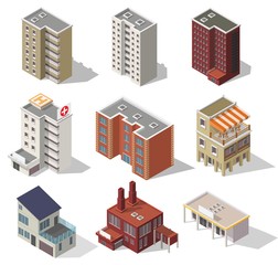 Big set low poly vectors of isometric illustration city street house facades, factory, cafe, school, hospital.