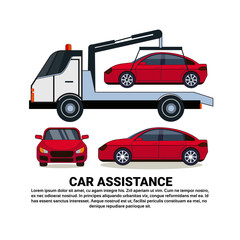 Wall Mural - Car Assistance Banner With Car Tow Broken Vehicle Over White Copy Space Background Flat Vector Illustration