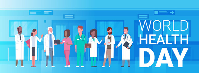 World Health Day Poster With Team Of Medical Doctors Horizontal Banner Flat Vector Illustration