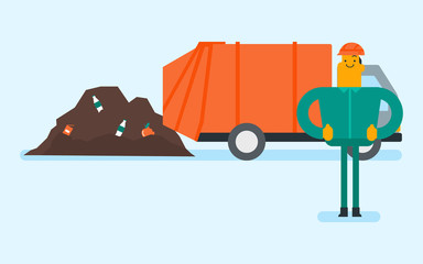 Sticker - Caucasian white man standing on the background of garbage truck unloading waste on a rubbish dump. Worker dumping the rubbish on a landfill. Vector cartoon illustration. Horizontal layout.