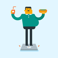 Canvas Print - Overweight caucasian white man holding hot dog and soda in hands while measuring his weight on the floor scales. Lose weight and unhealthy lifestyle concept. Vector cartoon illustration. Square layout