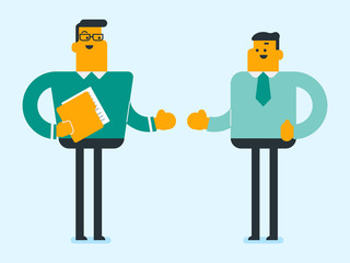 Poster - Two caucasian white business partners are going to shake hands. Business partners handshaking after successful deal. Handshake between two colleagues. Vector cartoon illustration. Horizontal layout.