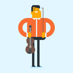 Canvas Print - Young smiling caucasian white musician playing violin. Full length of cheerful violinist with a violin and fiddlestick. Vector cartoon illustration. Square layout.